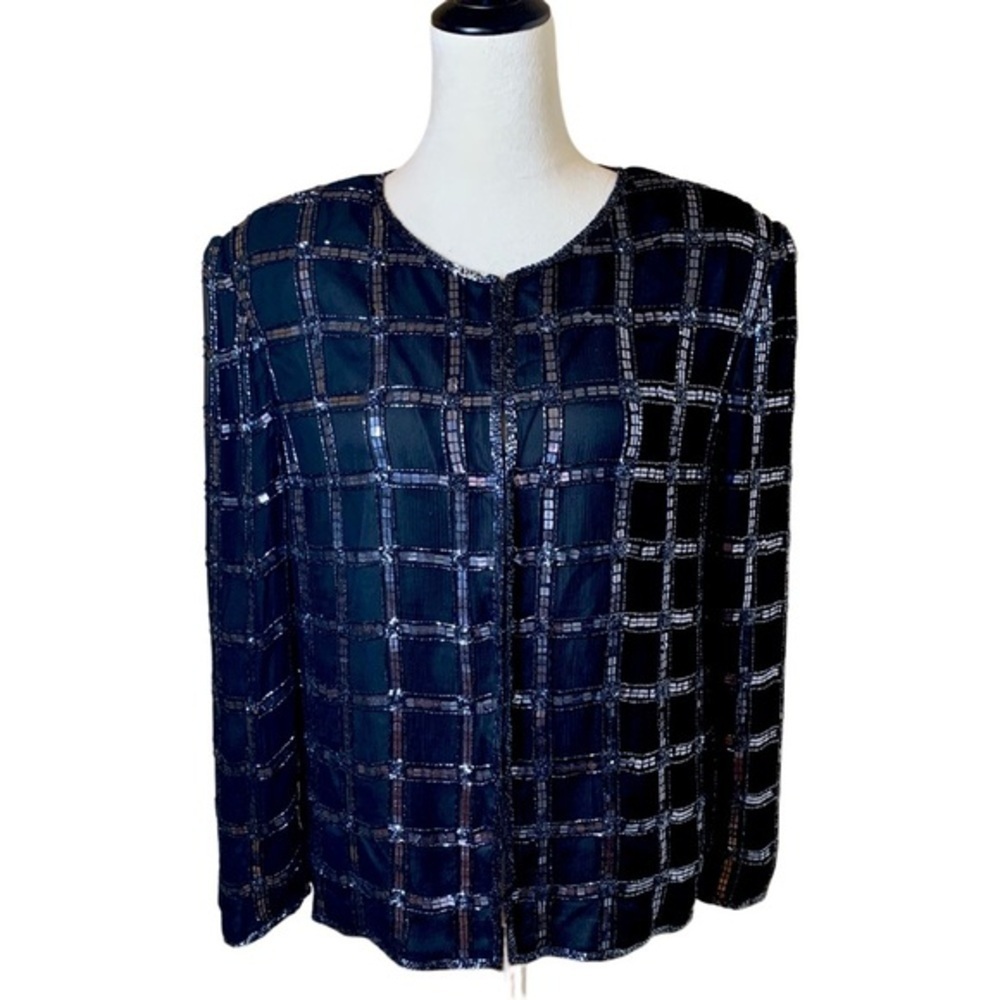 Vintage‎ Scala Black Sequin Beaded Silk Top L | Evening Blouse Minimalist Chic